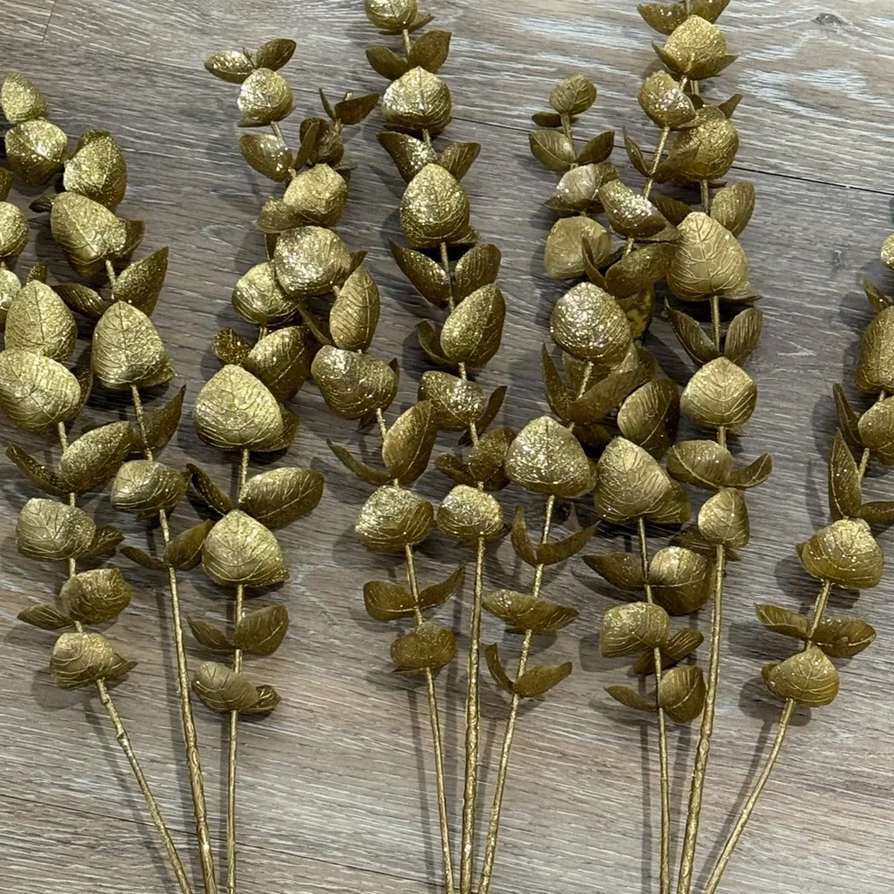 New Gold Metallic Faux Eucalyptus Christmas Floral Stems 26” - Set of 5